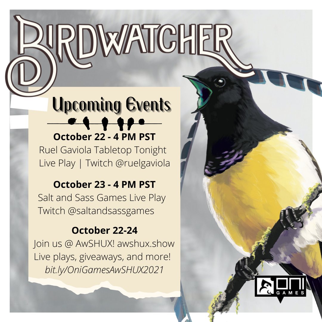 OniPress's tweet photo. Our @SHUXshow weekend continues! We're going live with Suzanne and Mandi of @SaltNSassGames at 4 PM PST with another live play of #BirdwatcherGame!
https://t.co/fZ1znt5Mbj
See our full schedule at https://t.co/1cNMKenBih https://t.co/lu0X7tRcpQ