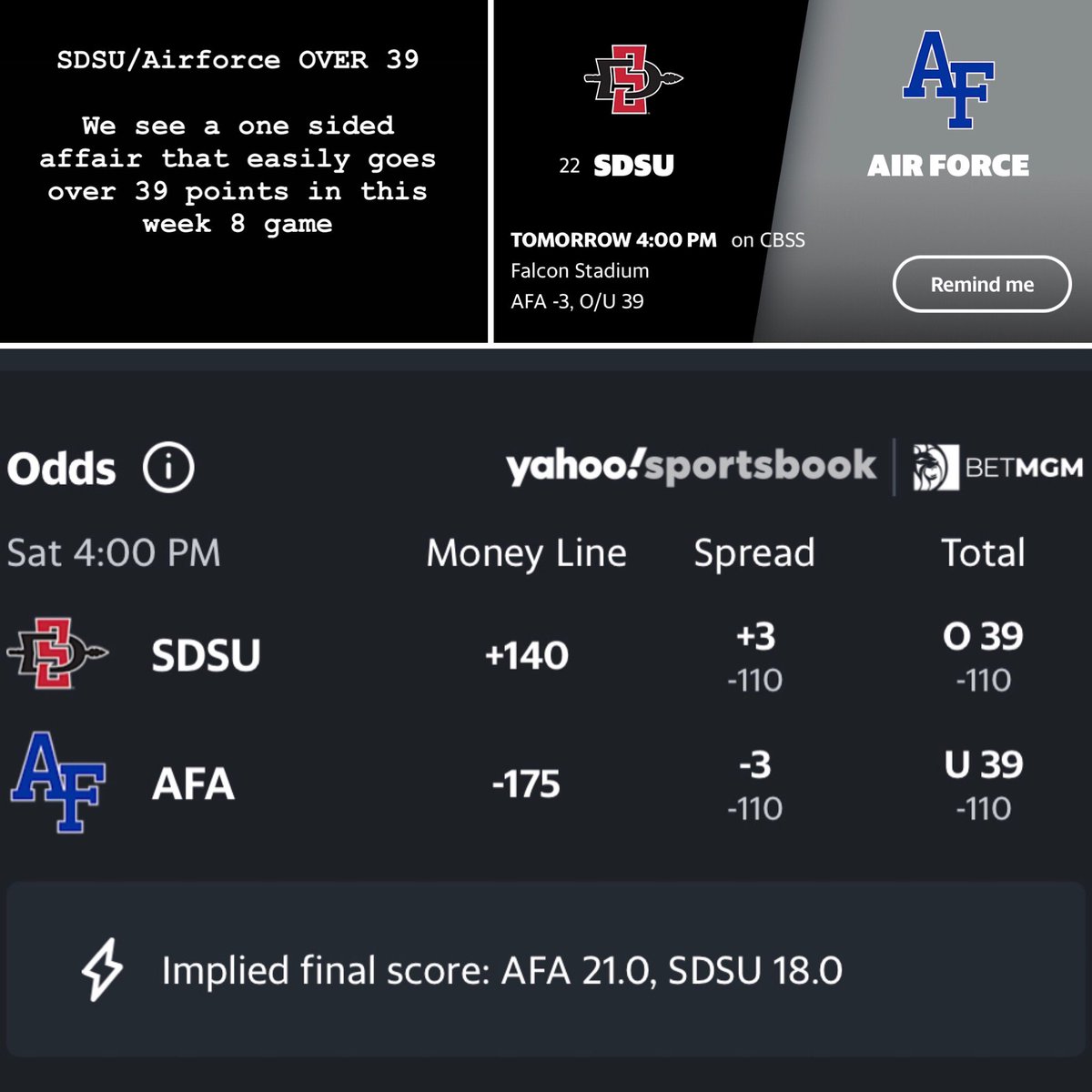 PSAnalytic's tweet image. Over 39 is a 2 star play for us in this week 8 matchup. This number is too low not to take.  #psa #psanalytics #sdfootball #afafootball #over #collegefootball #cfb #ncaafootball #gamblingtwitter #freepick #bettingadvice
