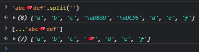 Dear JavaScript `str.split('')` users of the world:

Please consider the following: `[...str]`

Use cases and mileage may vary.