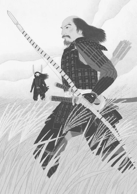 これは3年前に描きました。今村翔吾さんの「八本目の槍」が小説新潮で連載されてたときの扉絵として描きました。これ着色だけで(モノクロだけど)3日かかってしまって焦りました(;・∀・) 