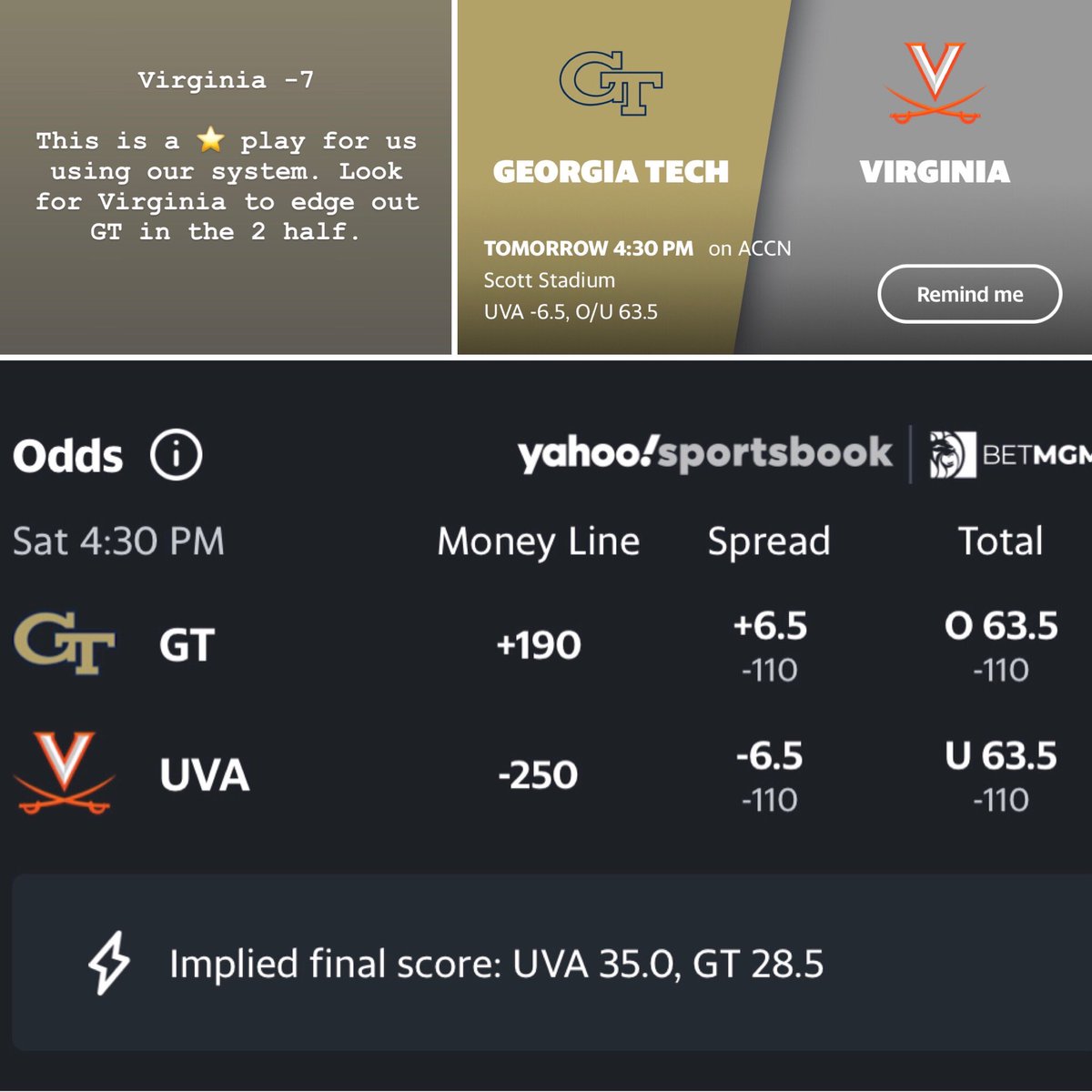 PSAnalytic's tweet image. Virginia -7 is a ⭐️ play for us in this week 8 matchup. This game will be a battle #GTech isn’t good on the road.  #psa #psanalytics #GTfootball #virginiafootball #over #collegefootball #cfb #ncaafootball #gamblingtwitter #freepick #bettingadvice #bettingpicks #bettingtwitter
