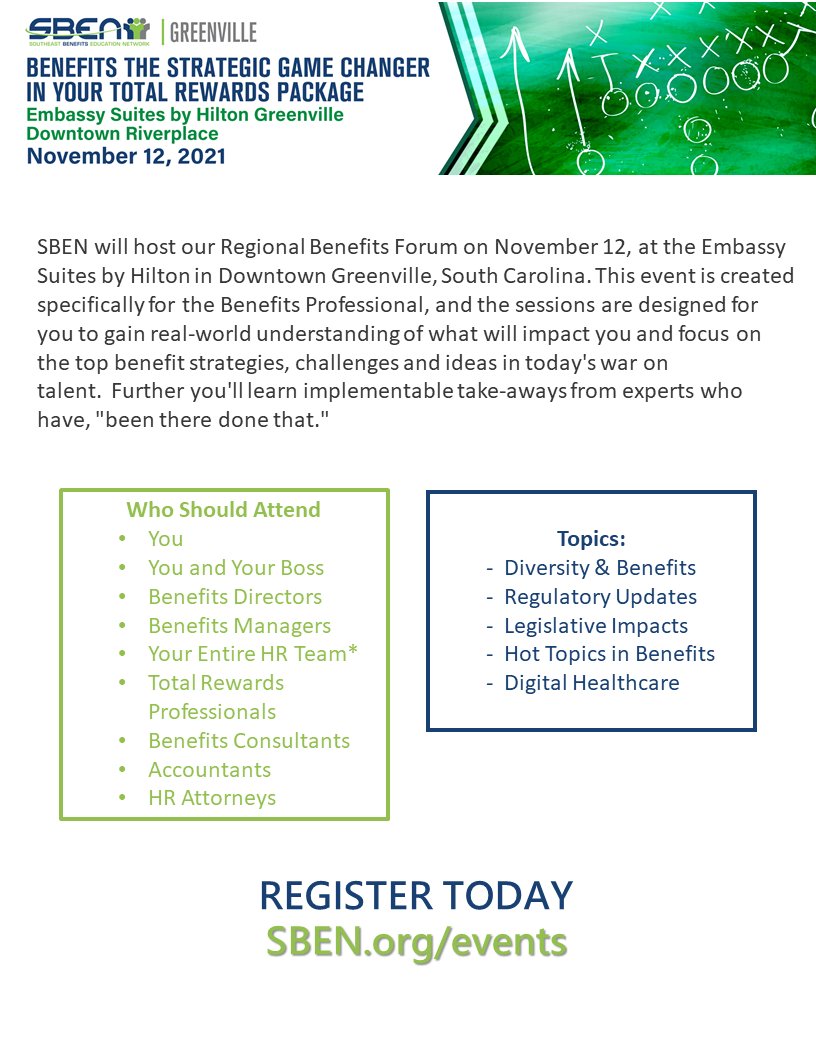 SBENetwork's tweet photo. SBEN will host our Regional Benefits Forum on November 12, at the Embassy Suites by Hilton in Downtown Greenville, SC. Topics Include:
-  Diversity &amp; Benefits
-  Regulatory Updates
-  Legislative Impacts -  Hot Topics in Benefits
-  Digital Healthcare
https://t.co/Ouv68FH5I3 https://t.co/tYir5eDoF3