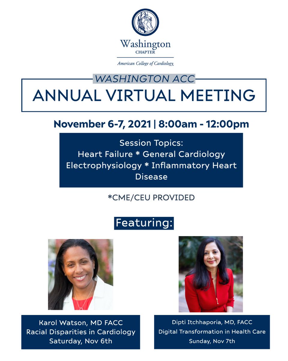 Join us on November 6th and 7th for Washington ACC Annual Virtual Meeting! Hear from two #amazing and #inspiring speakers and learn more about #heartfailure, #generalcardiology, #Electrophysiology, #InflammatoryHeartDisease!

🔗ow.ly/WuhR50Gwz5j

#cardiotwitter #MedTwitter