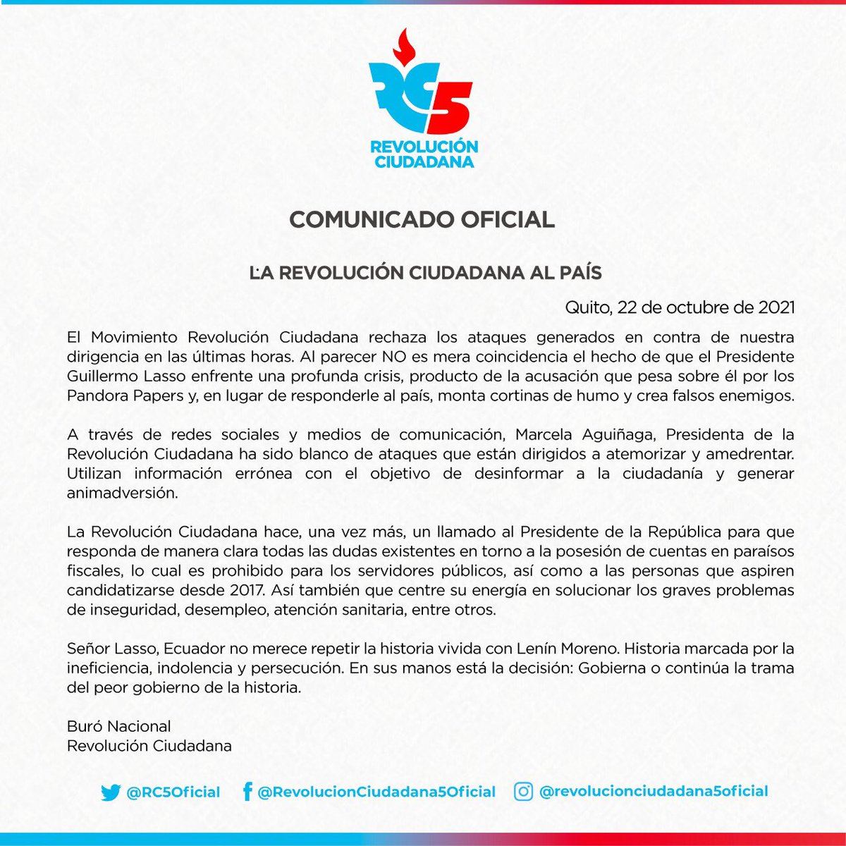 RC5Oficial's tweet photo. #COMUNICADO📜| La #RevoluciónCiudadana rechaza los ataques contra nuestra dirigencia. #Ecuador no merece repetir la historia vivida con @Lenin, marcada por la ineficiencia, la indolencia y la persecución. Gobierna o continúa la trama del peor gobierno de la historia.
@MashiRafael https://t.co/qzyHdyq790