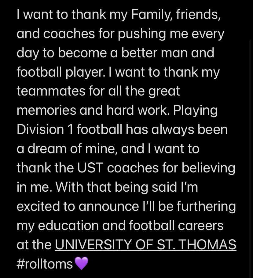 COMMITTED💜‼️ #ROLLTOMS #letswork <a href="/Coach_Caruso/">Coach Glenn Caruso</a> @kuchinski8 <a href="/CoachGrayvold/">Brady Grayvold</a> @MozusIkuenobe <a href="/UST_Football/">St. Thomas Football</a> <a href="/USTrecruiting/">UST Recruiting News</a> <a href="/LakersFootball1/">Lakers Football</a>