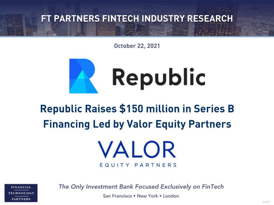 FTPartners's tweet image. Platform for investing in startups, crypto &amp;amp; more @joinrepublic raises $150 million in Series B financing led by Valor Equity Partners – the Company has facilitated over $700 million in investments supporting over 600 companies finte.ch/Republic #FinTech #CapitalMarketsTech