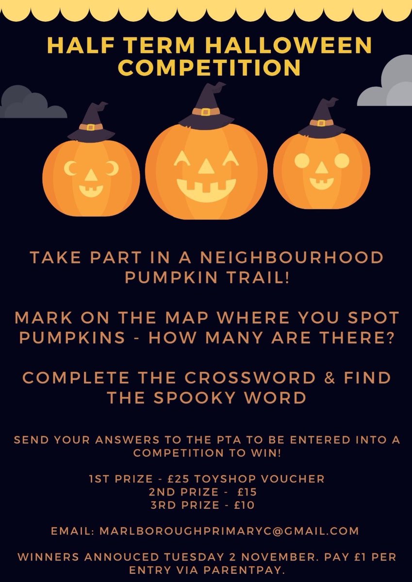 A perfect way to get some fresh air, exercise, entertain the children AND raise much-needed funds for school  in one fell swoop! Email Marlboroughprimaryc@gmail.com for a map. 🎃