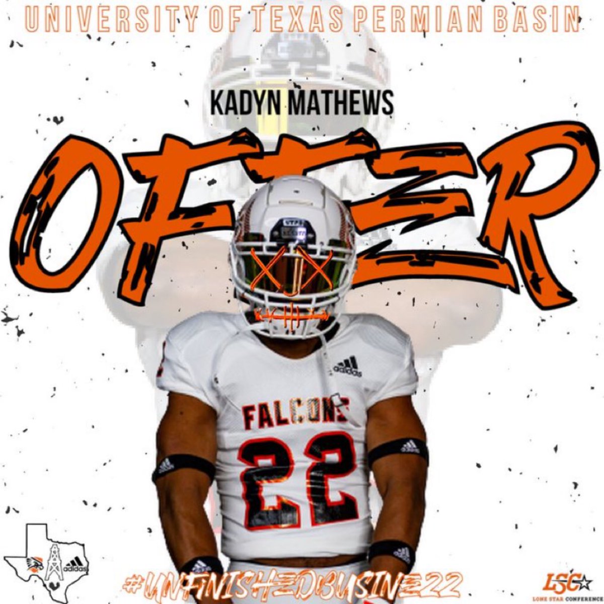 KadynMathews's tweet photo. I received an offer today to continue playing football in college. I am so honored by @CoachJThames @coachcarrigan10 @UTPBFootball @brock_football @CoachN_4Christ 
 #falconsup 
Now let’s kill it tonight. https://t.co/O6FYkOHxcO
