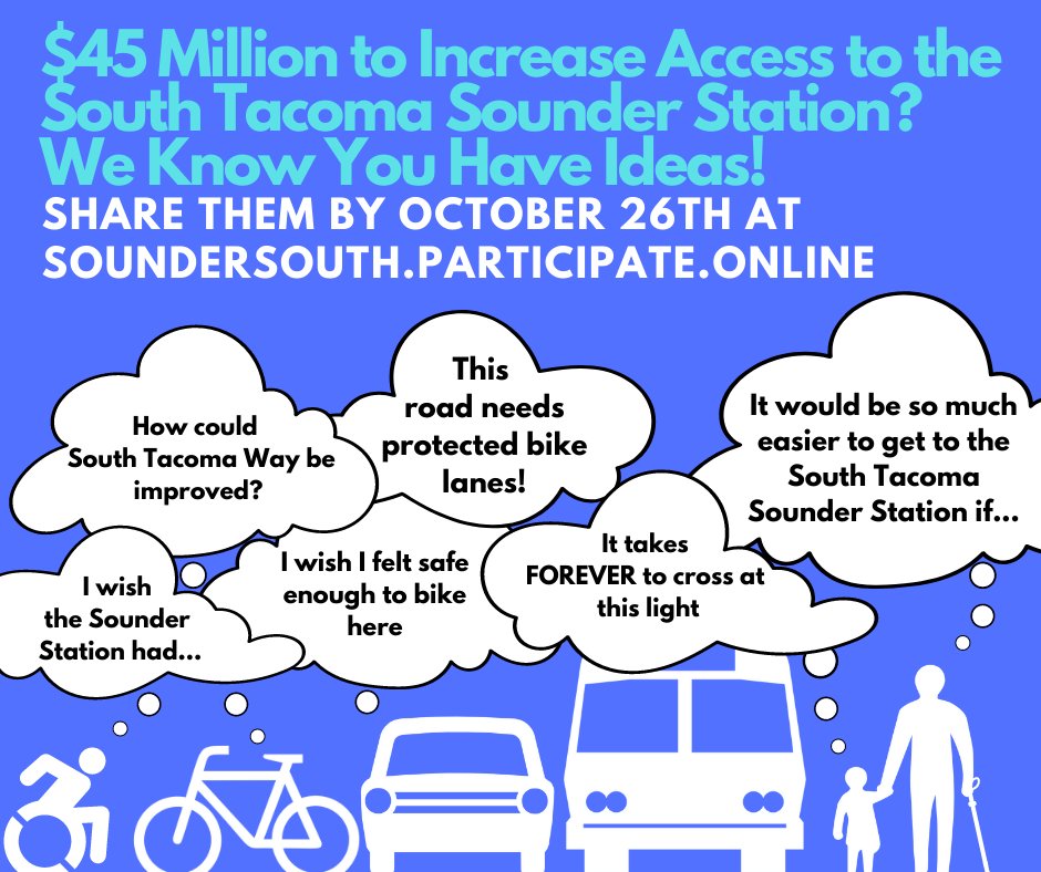 We know you have ideas on how you'd spend $45 million to increase access to <a href="/SoundTransit/">Sound Transit - 🚆 🚈 🚍</a>'s South Tacoma Sounder Station in the <a href="/CityofTacoma/">City of Tacoma</a>. Share them by Tuesday, October 26th at
soundersouth.participate.online
#bike253 #walk253 #roll253 #transit253 #southtacoma