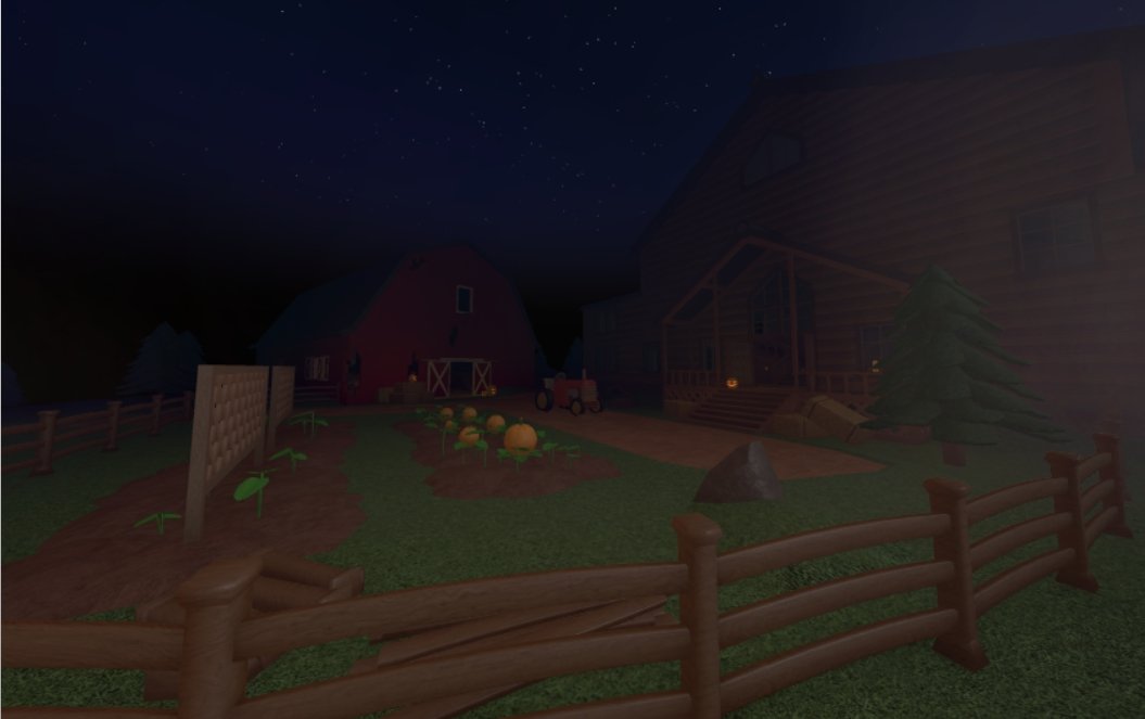 Archived Murder Mystery 2 Halloween farmyard with a barn, tractor and pumpkin patch at night