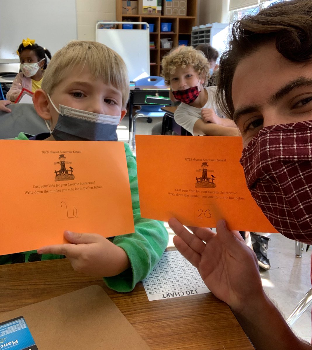 After learning about voting and elections in social studies this week, these 1st graders got to vote for their favorite scarecrows! #OTESPride #SpartanLegacy