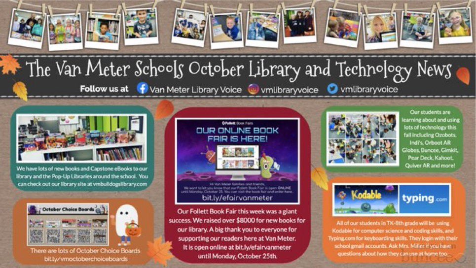 The Van Meter Schools October Library and Technology News is out! 

You will find it here with links to the library, choice boards, Kodable, Typing,com and more. 

bit.ly/vmoctoberlibra…

Have a nice Friday everyone. #vanmeter