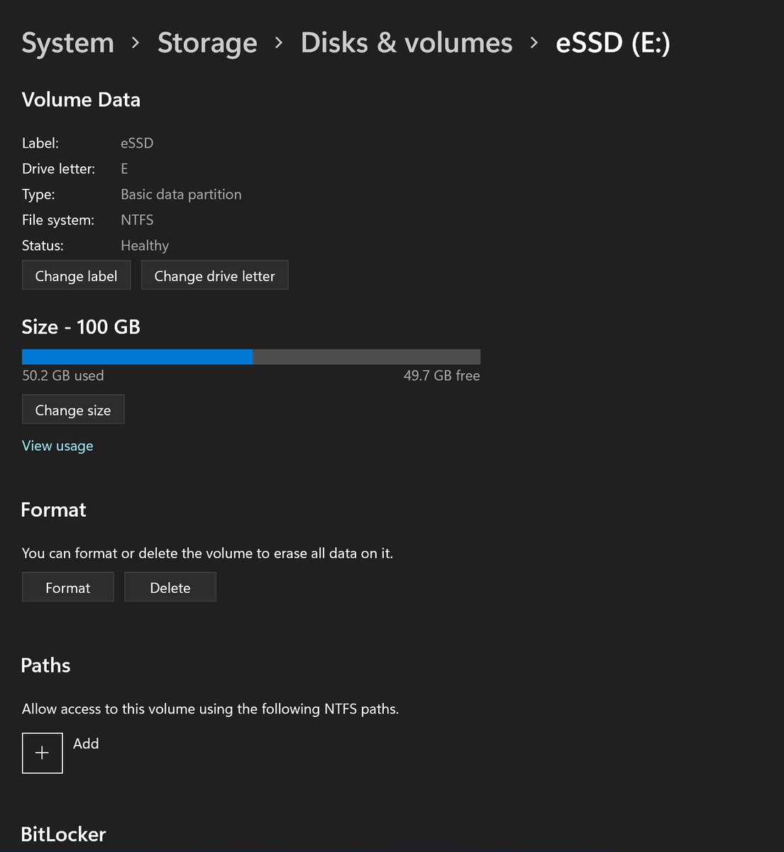 bwDraco's tweet photo. I just upgraded my Surface Pro 7 to #Windows11... and there's bit of a surprise for power users.

The Settings app has a brand-new disk partition manager, and it implements almost everything in the old Disk Management tool, diskmgmt.msc.

I'm amazed nobody brought this up. https://t.co/XxAlk0WBJN