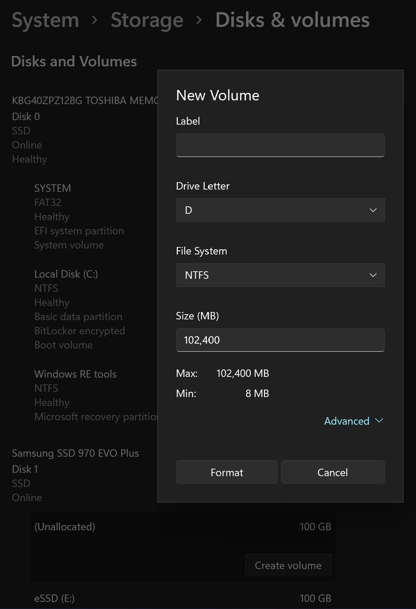 bwDraco's tweet photo. I just upgraded my Surface Pro 7 to #Windows11... and there's bit of a surprise for power users.

The Settings app has a brand-new disk partition manager, and it implements almost everything in the old Disk Management tool, diskmgmt.msc.

I'm amazed nobody brought this up. https://t.co/XxAlk0WBJN