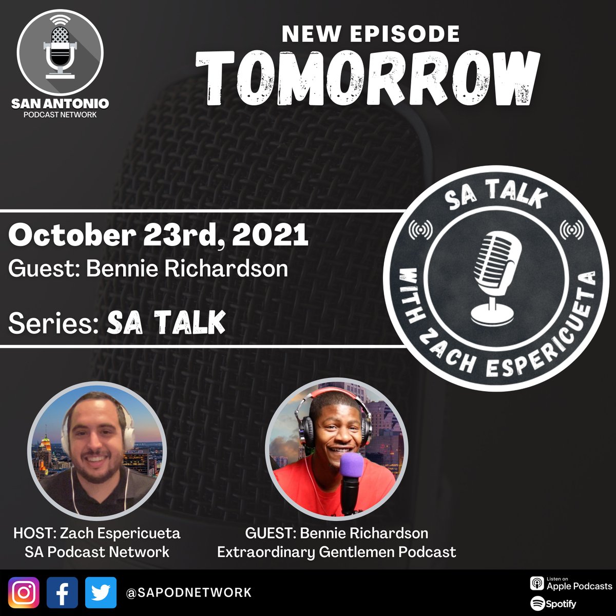 SAPodNetwork's tweet photo. ๐TOMORROW: On this week's episode of ๐ฆ๐ ๐ง๐ฎ๐น๐ธ, we have Bennie Richardson, one of the hosts from the @ExtraGentPod joining the show.
We always love bringing on fellow podcasts hosts from around San Antonio. Be sure to check out the episode tomorrow!
#SATalk #SAPodNetwork https://t.co/kS4c2lFZYP