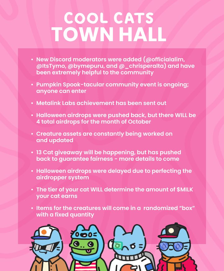 coolcats's tweet photo. 🔥☁️ TOWN HALL - 10/22/21 🌱💧

Tiered $MILK earnings, some sneak peeks, and a glimpse into how the market system will work! The journey towards $MILK and eggs is ongoing - more and more information will be released as we get even closer to their releases! 🐱💙🥛 https://t.co/cemDQQSQOs