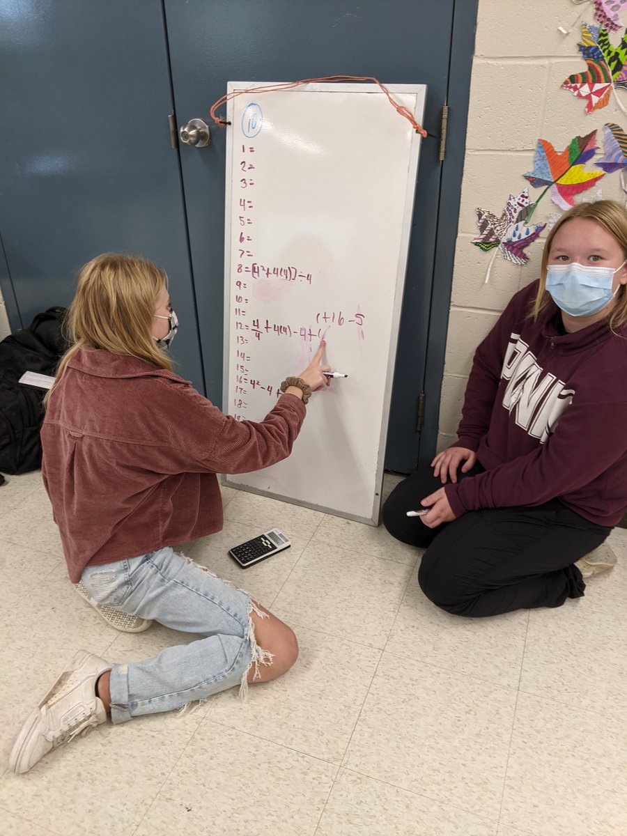 TyendinagaPS's tweet photo. Students in 8C collaborated in small groups to solve a rich math problem. Can you find every number between 1 and and 20 using only four 4's and any operation or combination of operations? #wallproblems https://t.co/lI8Bz7K5HH