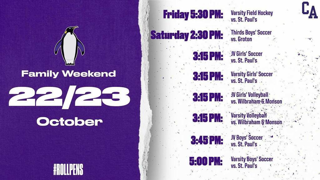CushingAthletes's tweet photo. It’s Family Weekend! Excited to host @stpaulsschoolnh @grotonschool & @wilbraham_monson in ⚽️🏐🏑🐧 🎥livestream link for varsity games in bio. #rollpens🐧 #gameday #nepsac #fallfamilyweekend https://t.co/HnxEjss69v https://t.co/jihPMbvxwh