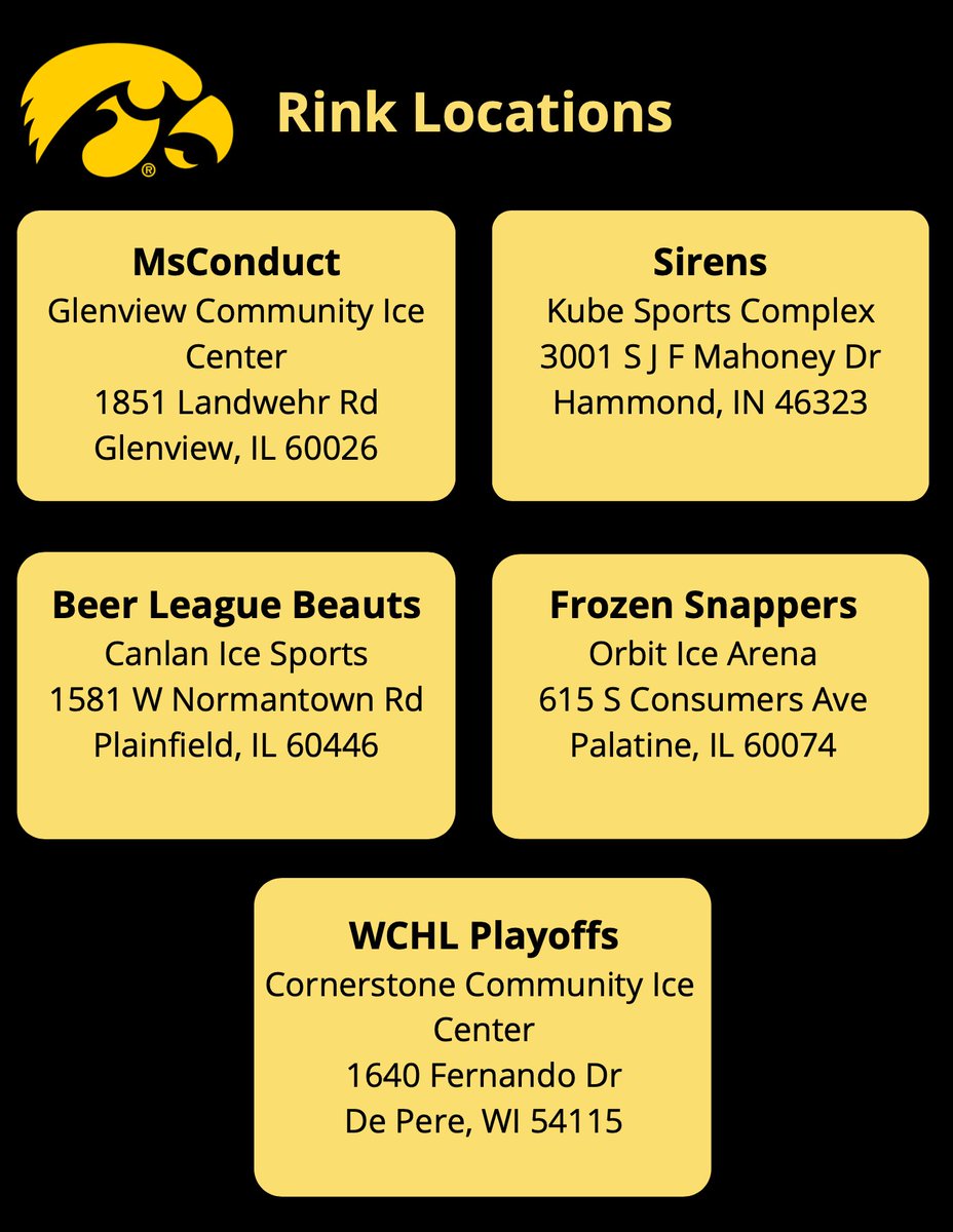 Lady_IceHawks's tweet photo. Here is our 2021-2022 hockey schedule! We begin our season this weekend playing against MsConduct in Glenview, Illinois! 🏒
Our website is in our bio for more information. Home games are free to attend, come out support your fellow Hawkeyes!! #UISportClubs https://t.co/eajwLuFnZd