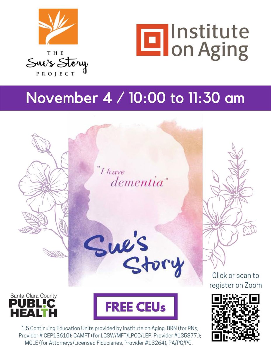 Earn free CEU's at Sue's Story, a workshop on Lewy Body Dementia, November 4th. Use the QR code for easy registration.  #dementia #awareness #CEU #FreeCEUS