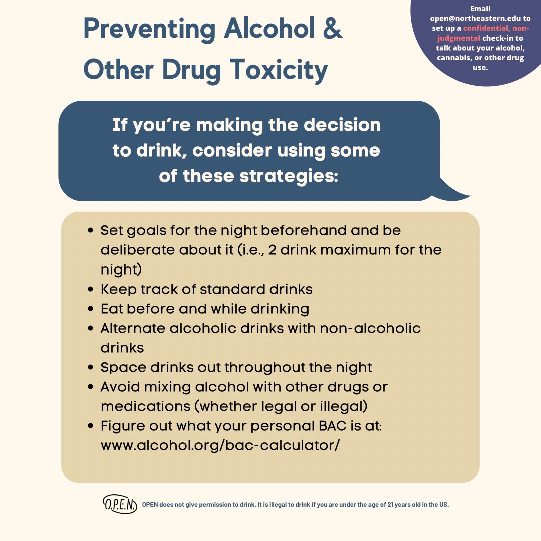 Save this for later - here are tips for preventing alcohol and other drug toxicity. #openortheastern #alcoholanddrugtoxicityprevention