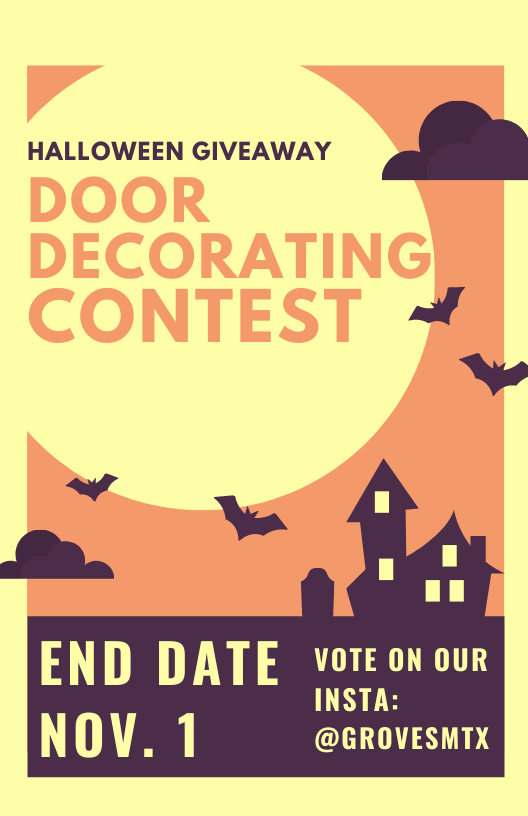 GroveSanMarcos's tweet photo. ‼️CONTEST ALERT PT 2‼️
We got a new contest for y’all! 🚪From now until Nov 1st, all residents have a chance at winning either a $50 GC to Pluckers or a $25 GC to RootCellar! 🍗🍺
.
.
.
.
Be sure to head over to our Instagram @/grovesmtx to vote on the best decorated doors! 👻 https://t.co/JPWA09bKVb