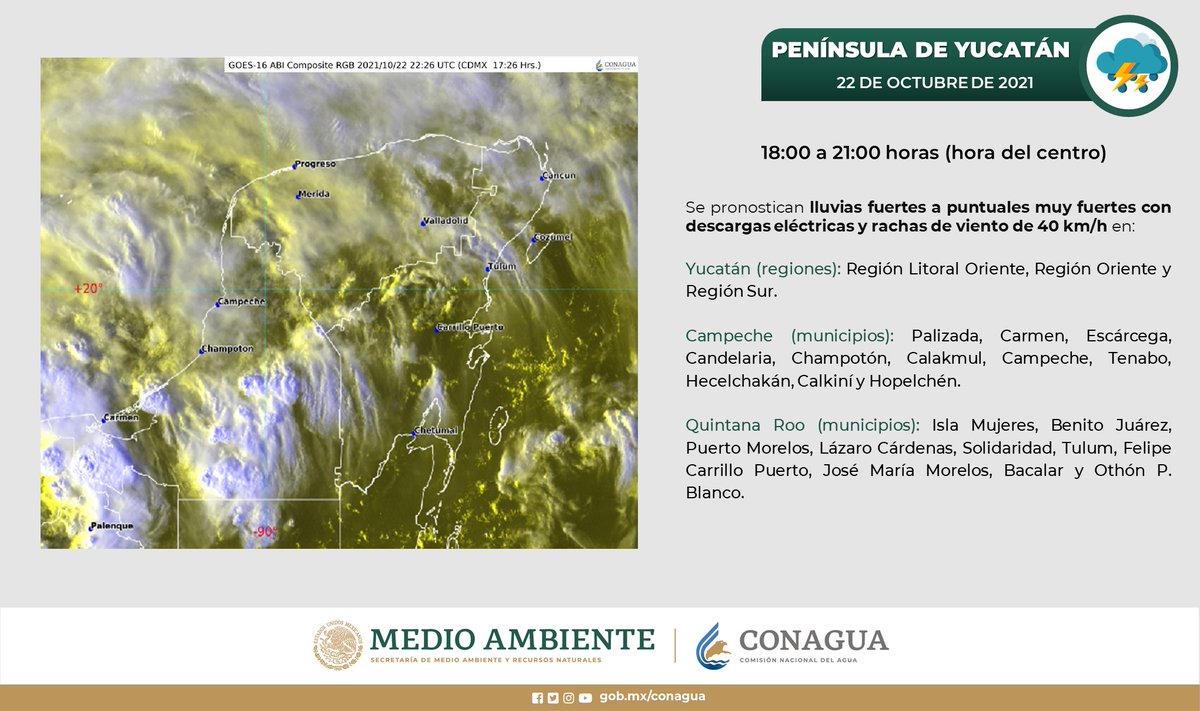 conagua_clima's tweet photo. La #PenínsulaDeYucatán, con nubosidad densa que generará durante esta tarde #Lluvias en regiones de #Yucatán, #Campeche y #QuintanaRoo⬇️ https://t.co/jhHGhBmm7S