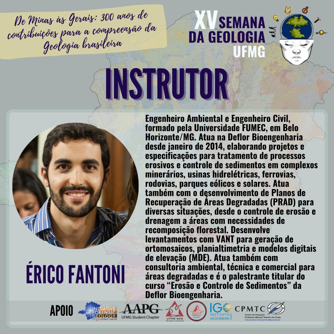 sgufmg's tweet photo. A XV Semana da #Geologia da #UFMG apresenta mais um minicurso desta edição! O Engenheiro Ambiental e Civil, Érico Fantoni ministrará pela #Deflor #Bioengenharia “#Erosão e Controle de #Sedimentos: Projetos e Técnicas Utilizadas". (1/2)
#geociências #engenharia #geotécnica https://t.co/PiHizldQsi