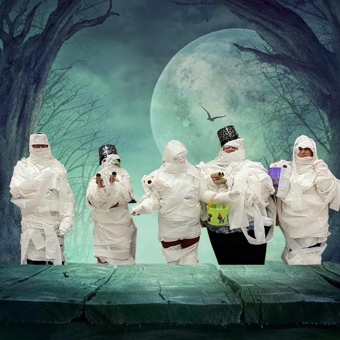 At their October faculty meeting, the SJH staff had fun working together to turn their team captain into a mummy. Can you guess who these mummies are?