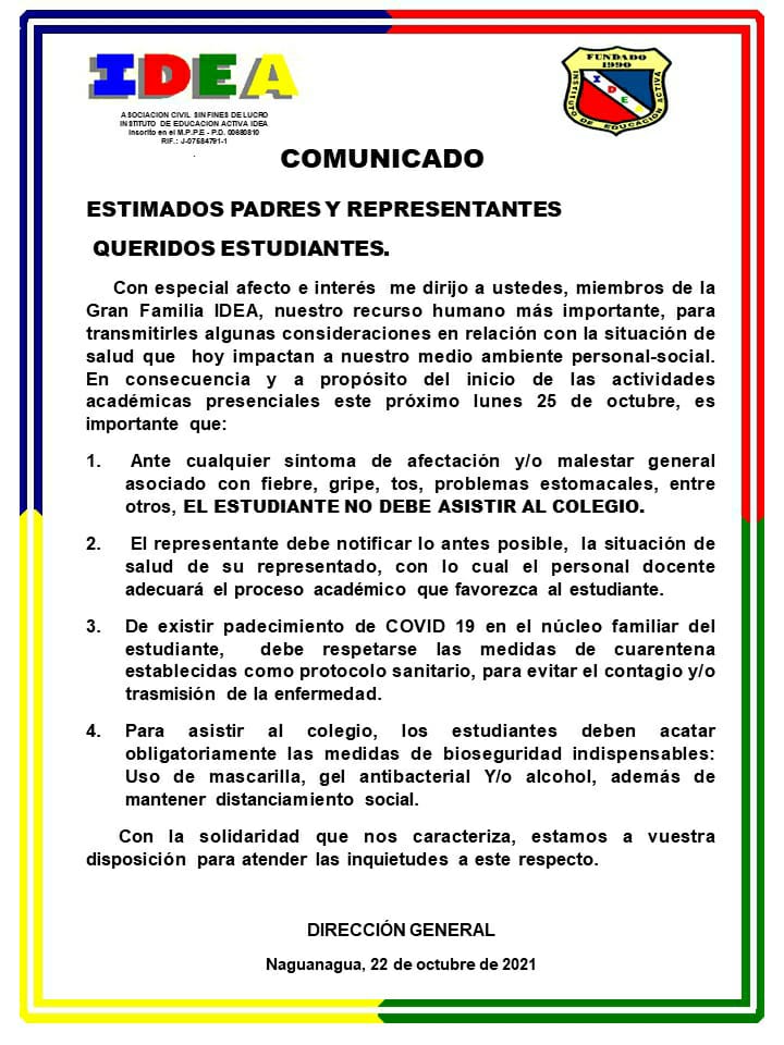 ColegioIDEA's tweet photo. #Comunicado
#SomosIDEAsomosdiferentes
#LaGranFamiliaIDEA
#ActividadesAcadémicasPresenciales
#ActividadesPresenciales
#ProcesoAcadémico
#ProtocolodeBioseguridad
#MedidasDeSalud
#GelAntibacterial
#Mascarilla
#DistanciamientoSocial
#Alcohol
https://t.co/rGBFBqdo2E https://t.co/MdmJtUkuB5