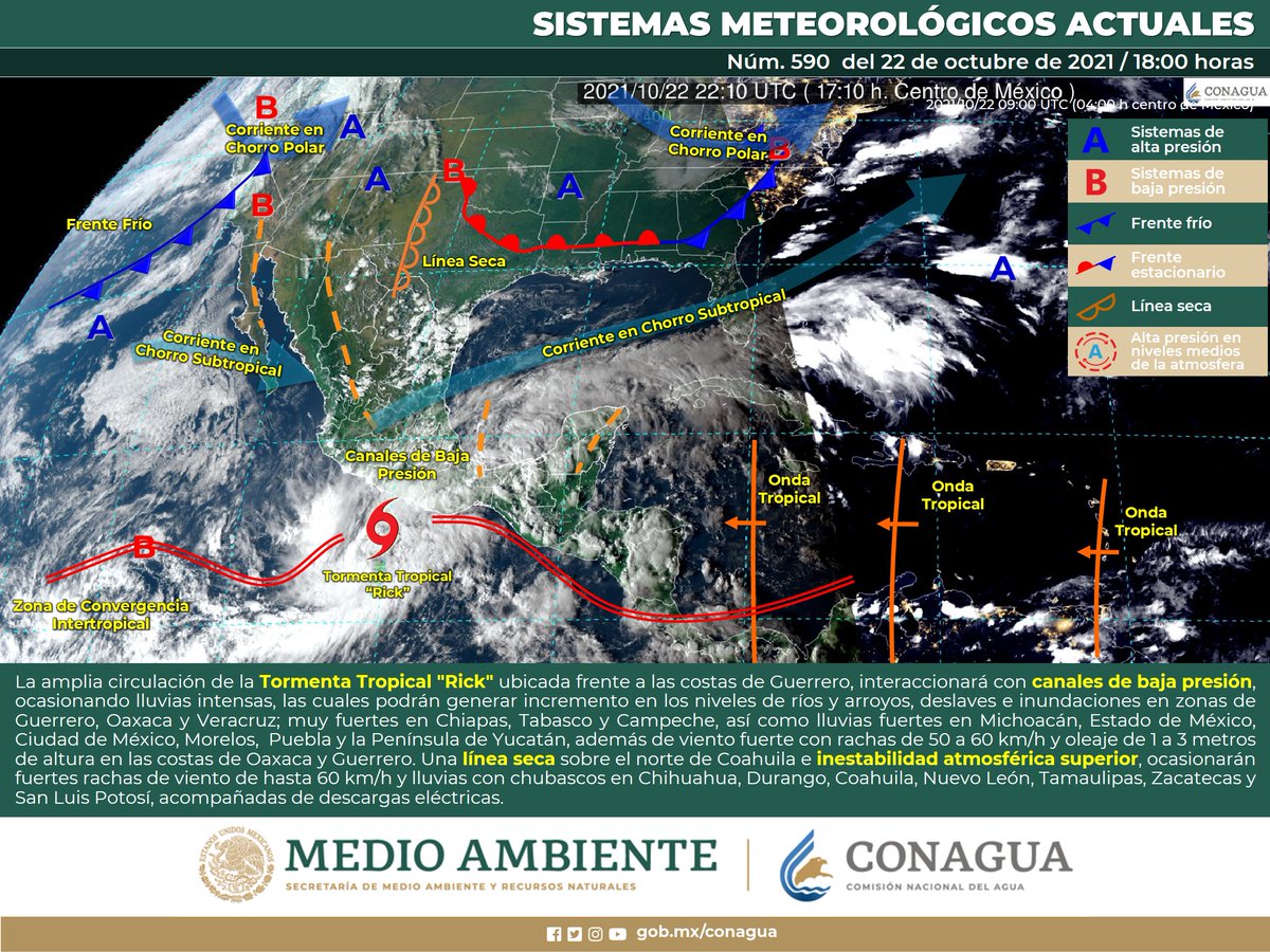 conagua_clima's tweet photo. La #TormentaTropical #Rick, ocasionará #Lluvias intensas, que podrían generar deslaves e #Inundaciones en zonas de #Guerrero y #Oaxaca, además se prevén #Vientos fuertes y #Oleaje elevado en sus costas. 
Mayor información: https://t.co/R8Yan9e9Pd https://t.co/0VPpSj7K6y