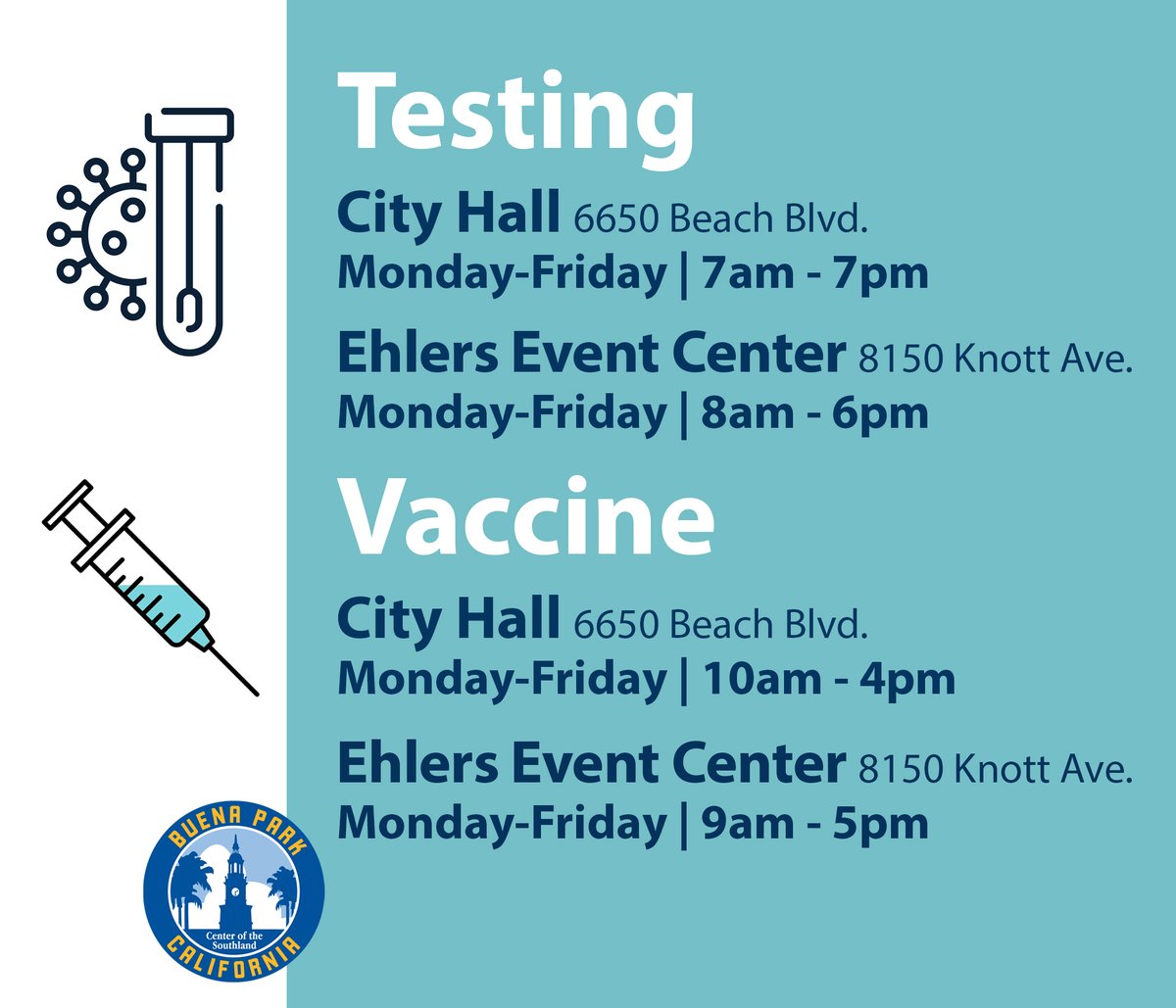 Convenient COVID testing/vaccines kiosks are located at both Ehlers Event Center and behind City Hall. Walk-up or make an appointment: covidclinic.org