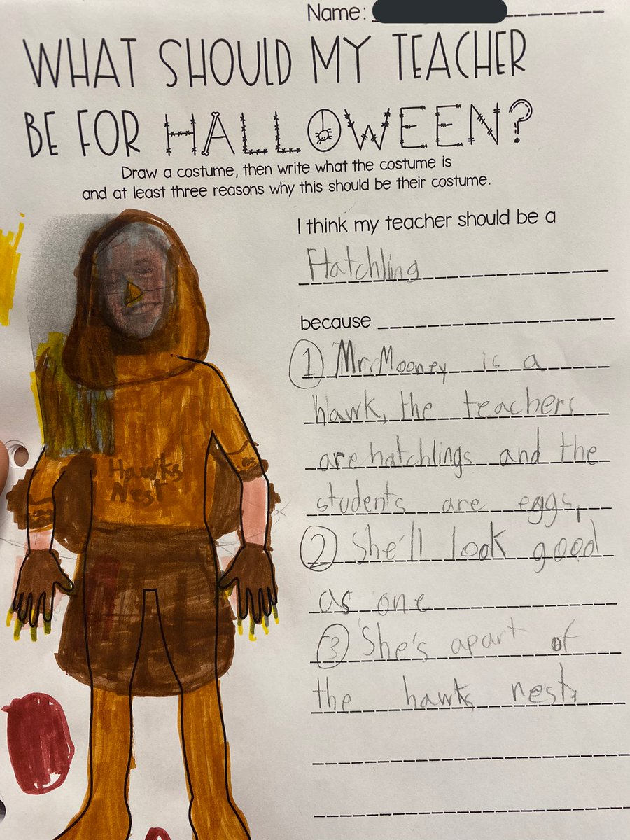 Today we sharpened our persuasive writing skills and students helped me decide what to be for Halloween. Check this one out! #hawksnest <a href="/HarbourLandSch/">Harbour Landing</a>