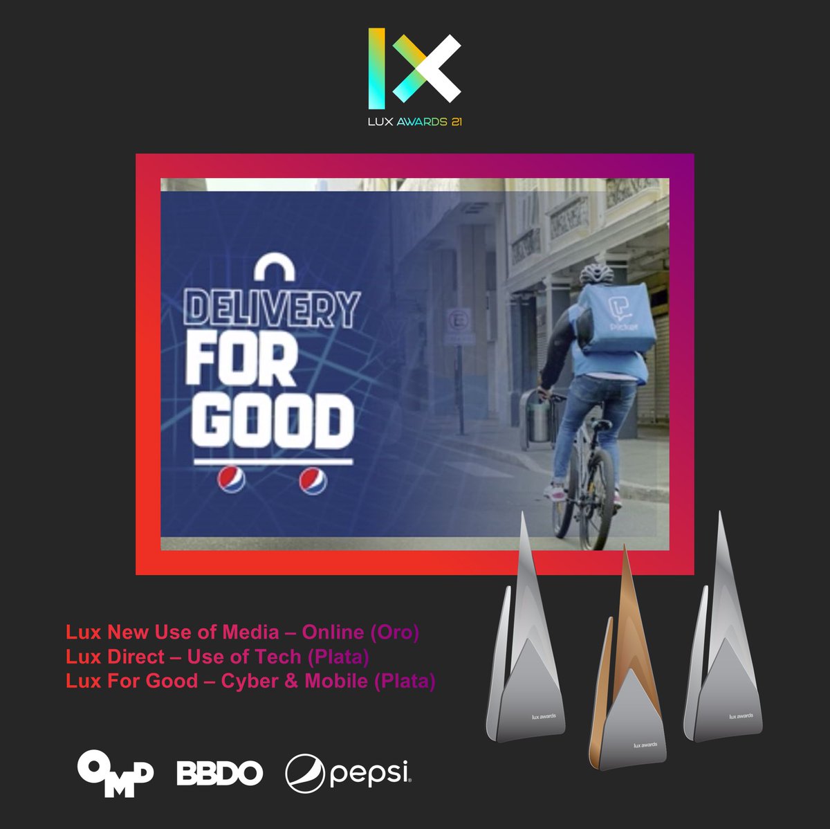 OMDEcuador's tweet photo. Unos Lux para llevar por favor!!!
🥇🥈🥈
Felices de ser parte de poderosas ideas para marcas como Pepsi que apuestan por la empatía, esa que le hace bien a la gente, y nos hacen ganar premios como los Lux Awards.
Felicitamos al equipazo que puso su grano de arena para lograr esto https://t.co/zIPLVLdyZf