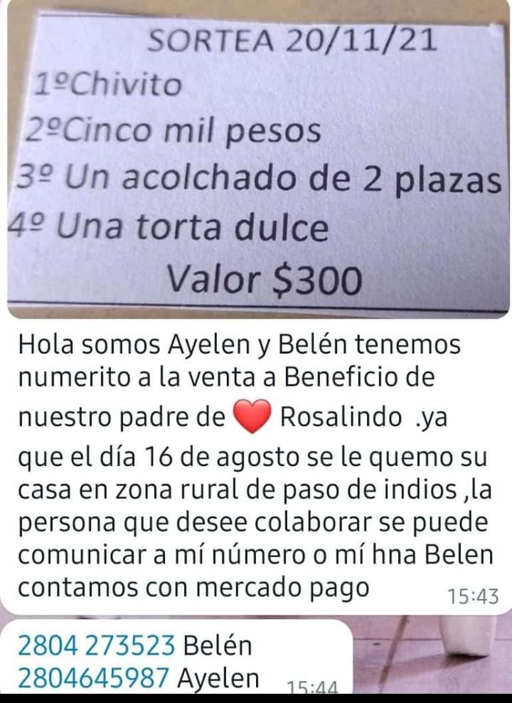 paso_104's tweet photo. Paso de Indios|👇👇

#SOLIDARIDAD 

🔸️ RIFA A BENEFICIO DE " #ROSALINDO"

🔸️ Recordamos que  el 16 de agosto su vivienda se incendió, la Cual fue Consumida en su totalidad.

 Apelamos a la Solidaridad. 🤝 https://t.co/C7GqLKkEaB