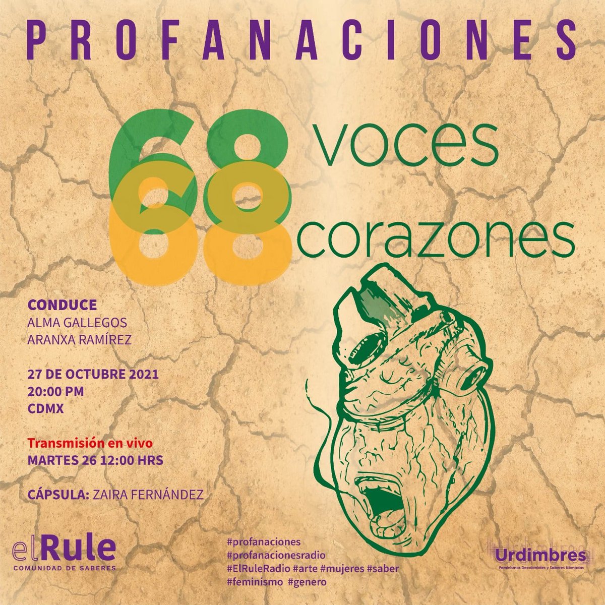 profanaciones's tweet photo. "68 VOCES- 68 CORAZONES" en el nuevo #PROFANACIONES hablaremos del proyecto de cortos narrados en lenguas originarias y animados por Gabriela Badillo.
🗣️ Dialogan: Alma Gallegos y Aranxa Ramírez
📅 Martes 26 de octubre
🕛12:00 hrs.
🔴FB Live de Profanaciones/ El Rule https://t.co/4GkF2nHf7V
