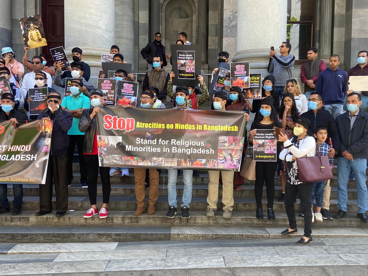 TheAusToday's tweet photo. Australia Stands with #BangladeshiHinduWantSafety 
Protest at Parliament of South Australia @RajuDas7777 @storiesofBHs @ProfVemsani @SarahLGates1 @DrAmitSarwal @IskconInc @iskcon @HinduAmerican @hindu_counciluk @HinduCouncilAu https://t.co/7dNaKNT7wY