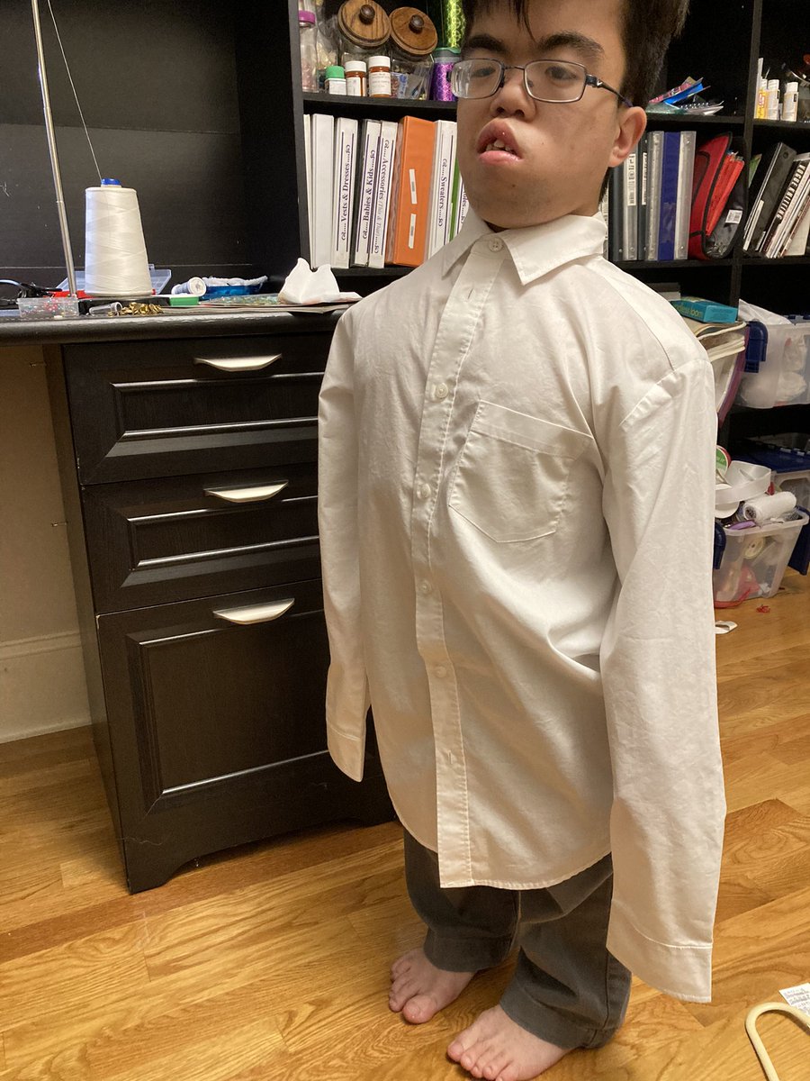 swelow's tweet photo. #WeekendCraft started early… altered my son’s shirt to fit his body. He needed the white shirt for his magician #halloween2021 costume for next week. (Before & After pics) #DwarfismAwarenessMonth #LIttlePeopleTailor Thanks @AspiringGent1 for the video https://t.co/lTwzkIJqUN https://t.co/oK1TgMMnD0
