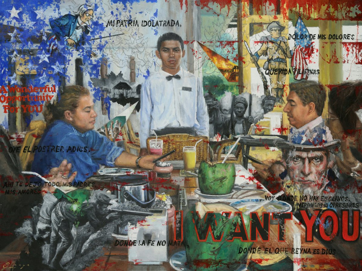 jaime_longa's tweet photo. "American Dreams," oil on panel, 36"×48"

#oilpainting #socialjustice #Filipinoart #americanart #artwork #ArtistOnTwitter #art #painting #oiloncanvas #figurativeart #abstractart #ContemporaryArt #contemporarypainting https://t.co/5iT26NPYZM
