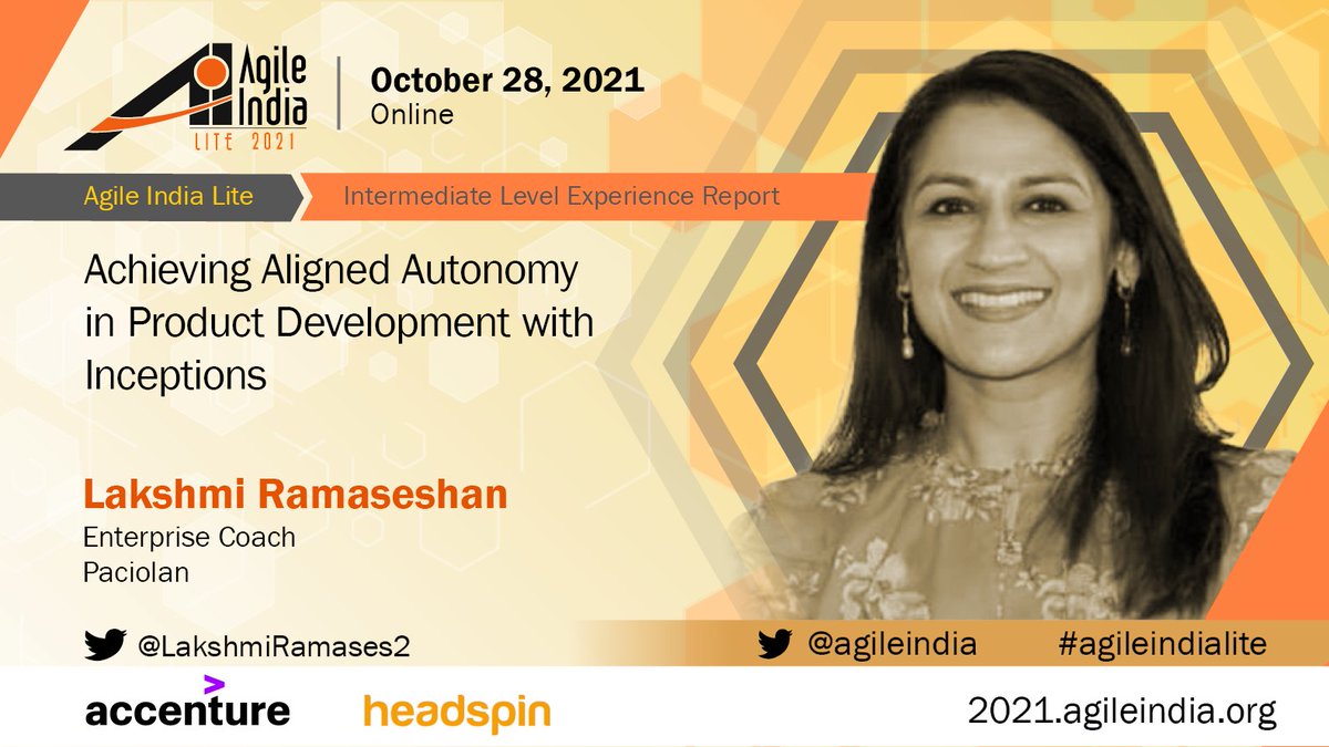 LakshmiRamases2's tweet photo. Join me at Agile India Lite for a talk at 8:00pm IST / 7:30am PST on Thu, Oct 28th https://t.co/2GjOitET16
I'm speaking about my favorite Topic 😀🙌- Achieving Aligned Autonomy in Product Development with Inceptions.
#happyteams #setupforsuccess #alignedautonomy #inceptions https://t.co/WtJaD0XRQd