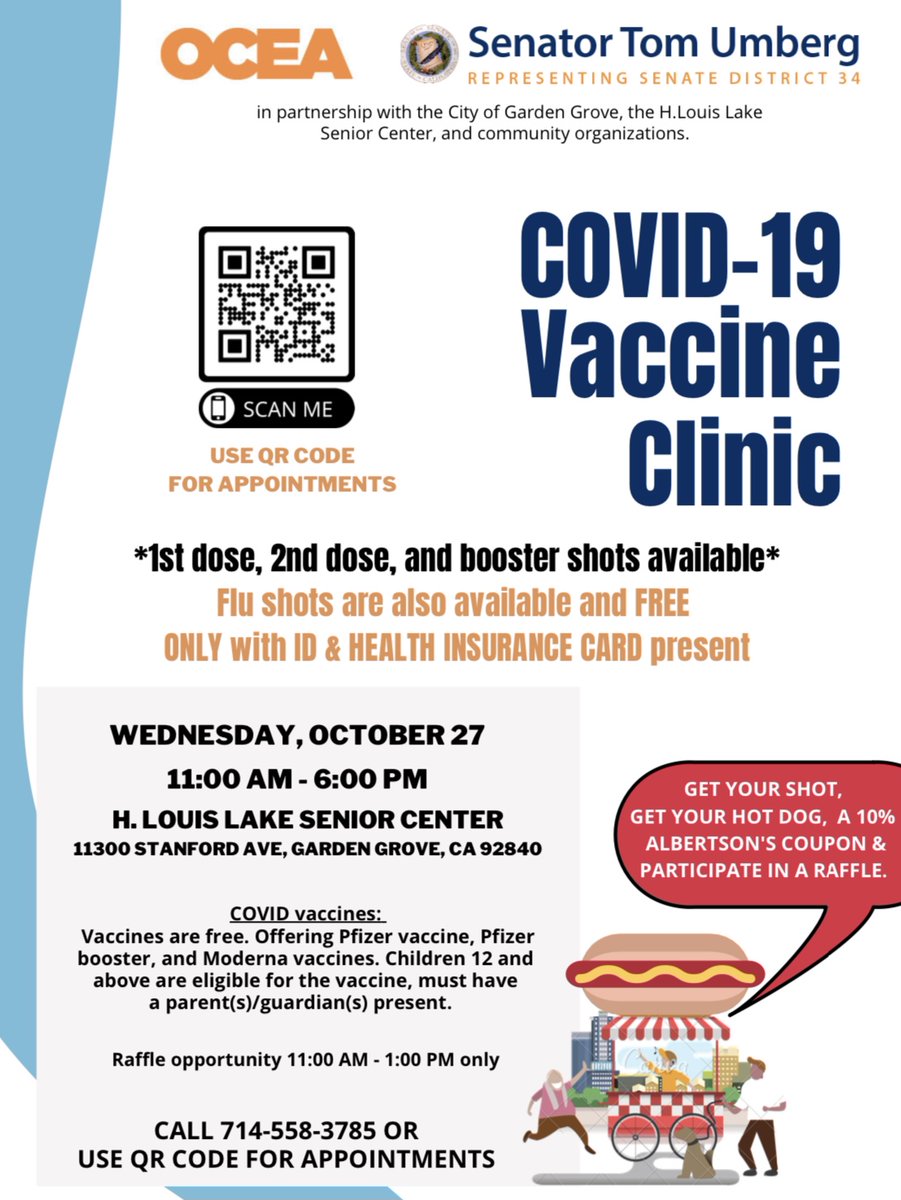 SenatorUmberg's tweet photo. Looking to get your COVID booster shot? Make plans to come by our Vaccine Clinic with the @CityGardenGrove, OCEA, and other community partners next week in Garden Grove!
See fliers below for more information!
#VaccinateAll58 #CaliforniaForAll #GetToImmunity https://t.co/5aYLvOizBk