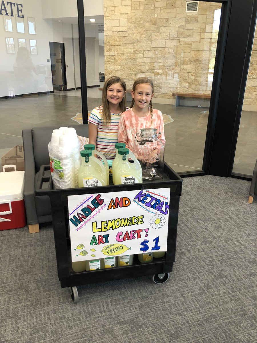 sjstaley77's tweet photo. Shout-Out to these two 4th graders. They saw a need for art supplies &amp; approached me with a plan of how they could buy supplies for the class! They decided to do a lemonade cart. They did the planning, marketing, and so much more! A true example of how Raiders Rise! @SunnyvaleInt https://t.co/nx21LyjM70