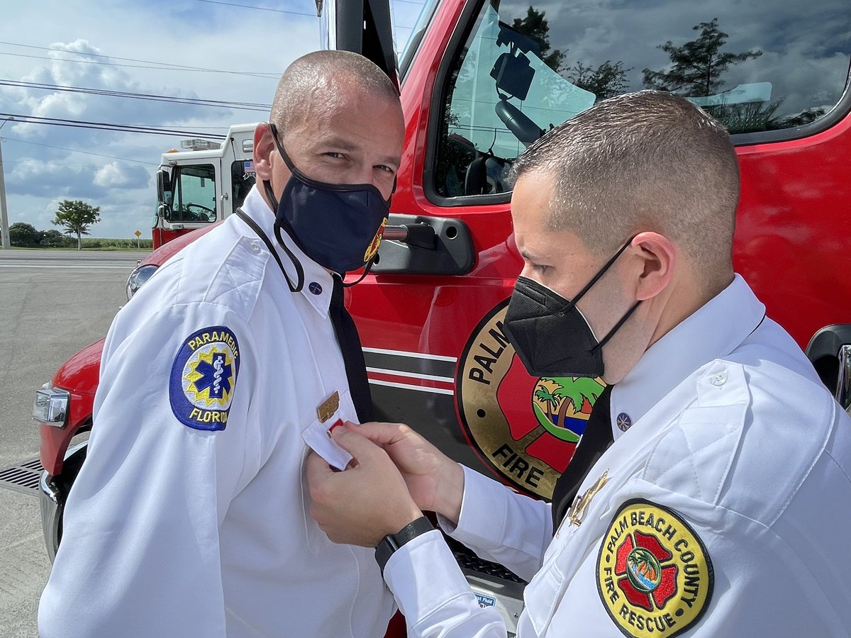 PBCFR's tweet photo. Congratulations to the crews from #Rescue74 and #Engine74 for doing an excellent job in bringing someone back to life! They receive the Department’s new Resuscitation Award Bar for following through with PBCFR Cardiac Arrest Protocols resulting in a positive outcome. Well Done! https://t.co/VgZ02XZmbB