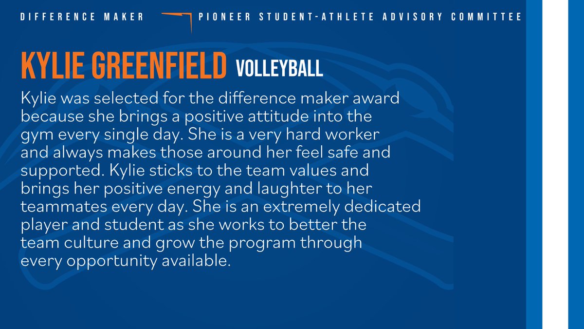 Pioneer Leadership Institute (@uwplattpli) on Twitter photo On the women’s side we are thrilled to announce Kylie Greenfield of <a href="/UWPlattVB/">UW-Platteville Women’s Volleyball</a> as our October Pioneer Difference Maker 👍🔥 On the women’s side we are thrilled to announce Kylie Greenfield of <a href="/UWPlattVB/">UW-Platteville Women’s Volleyball</a> as our October Pioneer Difference Maker 👍🔥