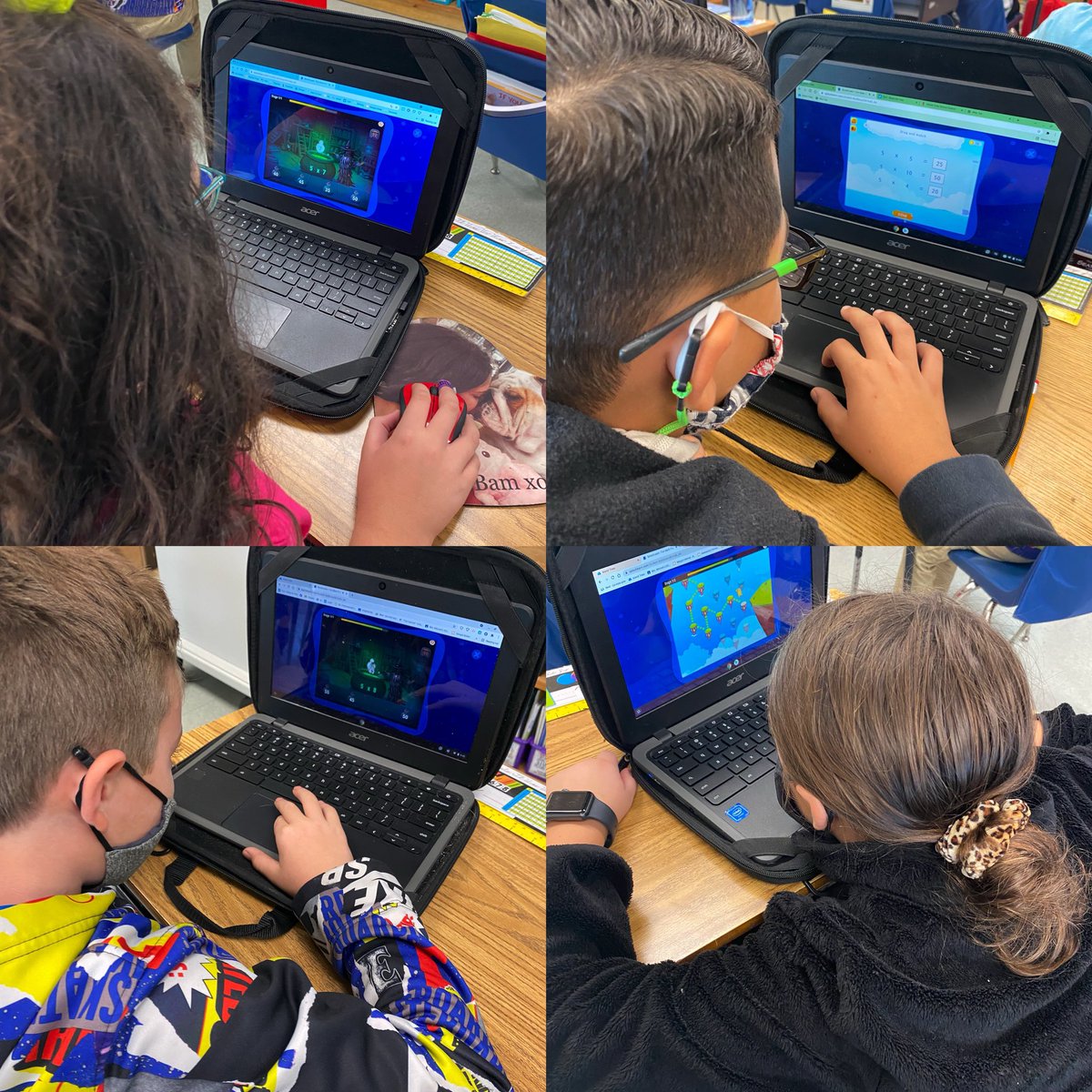 4MichelleMartin's tweet photo. Our “What Number Doesn’t Belong?” morning message and chrome book time practicing our multiplication facts and skills on @SplashMath was a great way to get our minds ready for the #ThinkAboutMath Thursday product puzzle! Thank you, @LMarks1516 + Math Ambassadors for the activity! https://t.co/g5ipHhATxt