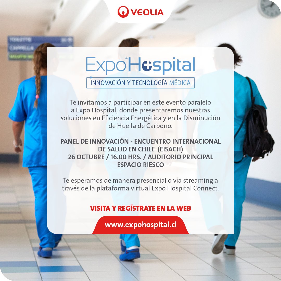 Veolia_Cl's tweet photo. Falta poco para #ExpoHospital2021. Estaremos presentes en el Panel de Innovación, donde hablaremos sobre Hubgrade, y cómo esta solución puede incrementar la eficiencia en la gestión de clínicas y hospitales. Regístrate gratis en https://t.co/2m55ll9ZRB @ExpoHospital https://t.co/b70fOjcQQY