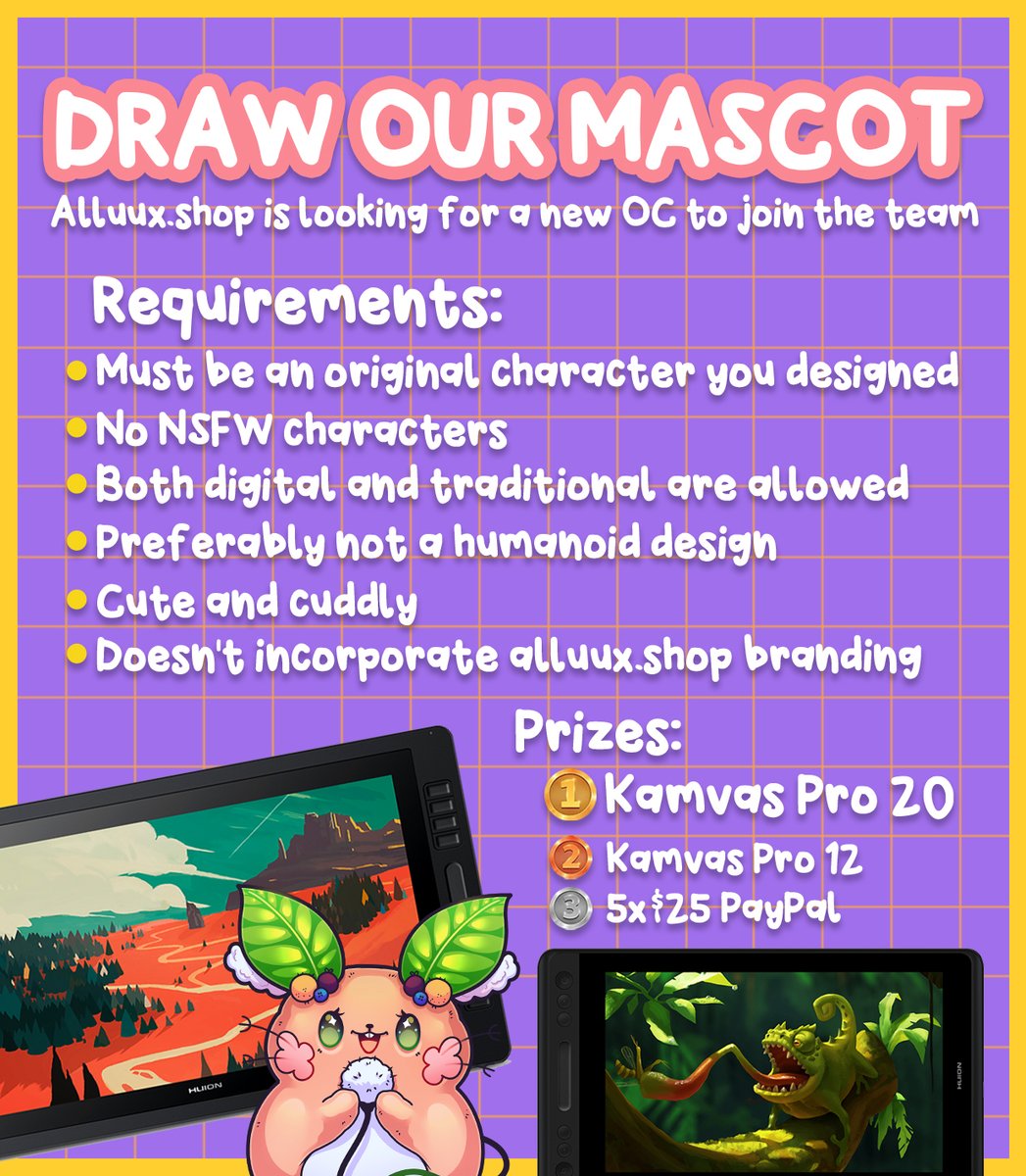 Alluux's tweet photo. ✨ART CONTEST - DRAW OUR MASCOT!✨

https://t.co/0qdEJIfgRQ is looking for a new OC to join the team!

🥇Kamvas Pro 20
🥈Kamvas Pro 12
🥉$25 to 5 people that like &amp; RT

✨Reply with your submission or use #alluuxshopoc
✨Contest goes until winner is chosen

#contest #artcontest https://t.co/UQgI2wHFGn