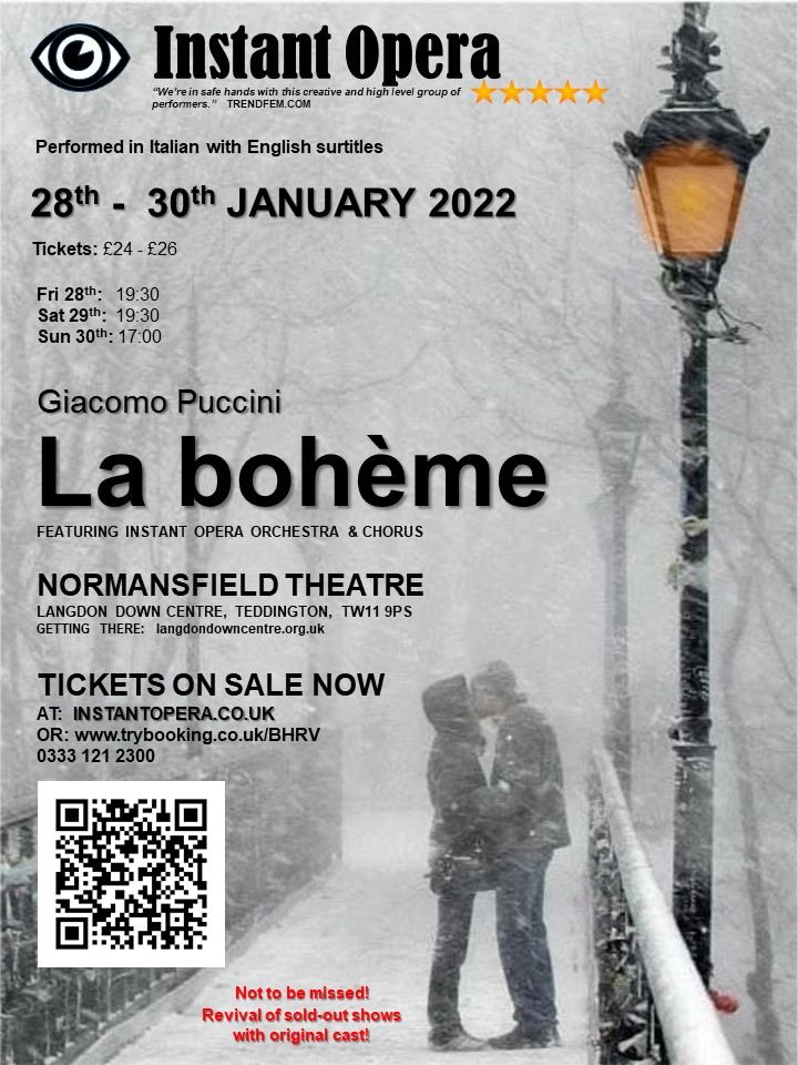 Instant Opera is back home at Normansfield Theatre, Teddington with a revival of our previously sold-out production of La bohème - with the fabulous original international cast! Buy tickets here now!  🌨️🌨️🔥trybooking.co.uk/BHRV
