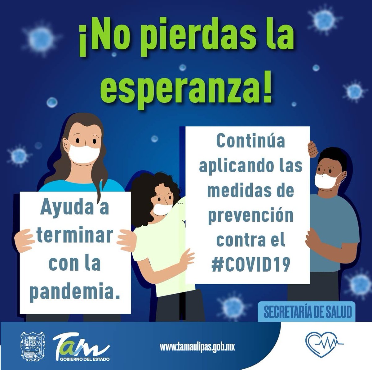 TamaulipasSalud's tweet photo. No pierdas la esperanza de regresar a la normalidad, continúa aplicando las medidas de prevención contra el #COVID19 y ayuda a terminar con la pandemia.
#NoTeConfíes #UsaCubrebocas #CuídateTú #CuidaALosTuyos #JuntosPodemos https://t.co/lfmNhd0qQs