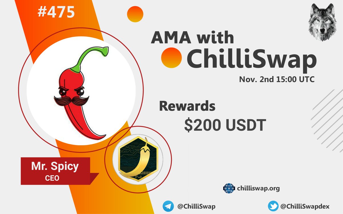 CryptoTitans1's tweet photo. 🤍AMA Series With #ChilliSwap

🎁Prize: 200$ USDT
📆Date: November 2nd 15:00 UTC
🏨 Venue: https://t.co/UC8QQTICnm

Rules : https://t.co/fb0kDKQdTQ

 Follow 

@ChilliSwapdex

  &amp;

@CryptoTitans1

2. Like Retweet &amp; Comment Your Questions (3 Questions Max) Tag 3 friends. https://t.co/tn4MJCYpmQ